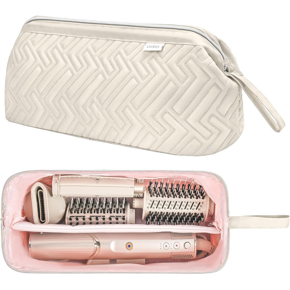 Leudes hair tools travel bag in beige front view showing quilted pattern