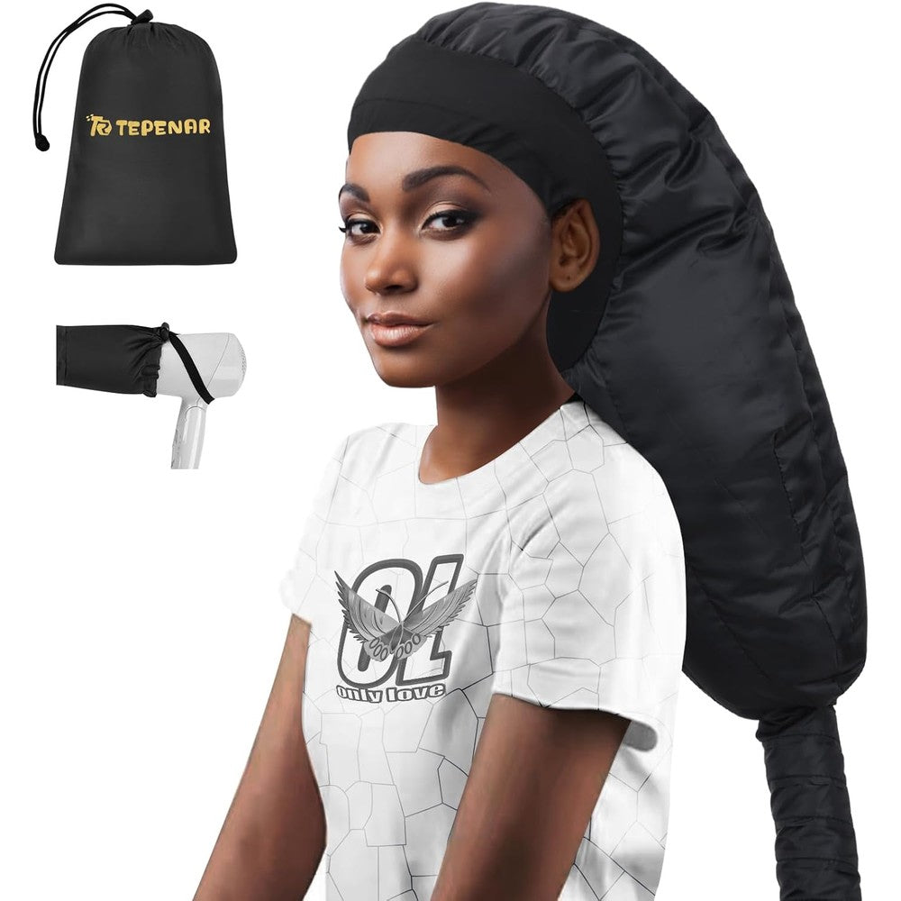 TEPENAR hair dryer bonnet attachment front view showing the black oversized soft hooded cap attached to a blow dryer nozzle.