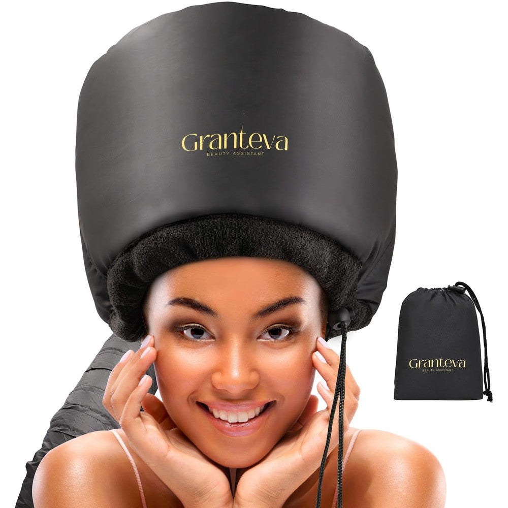 Granteva hooded hair dryer attachment front view highlighting the black soft bonnet cap and flexible air hose connection.