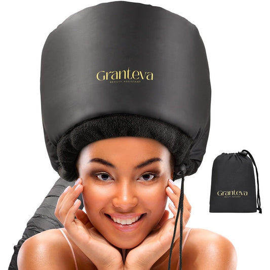 Granteva hooded hair dryer attachment front view highlighting the black soft bonnet cap and flexible air hose connection.