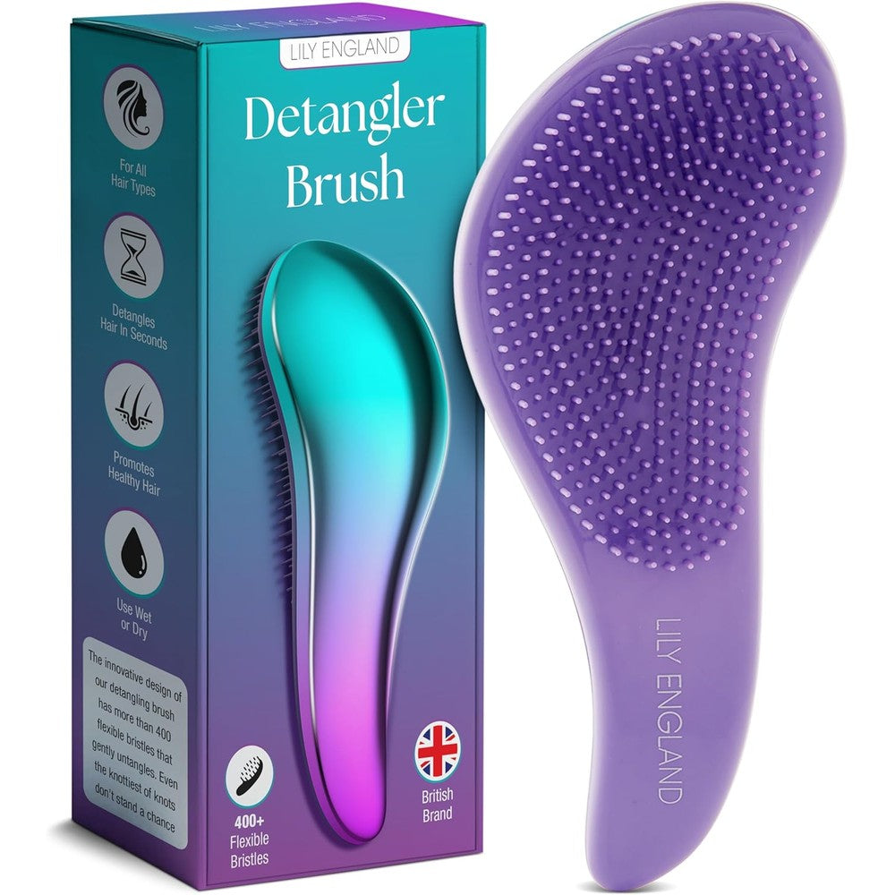 Lily England Detangler Hair Brush front view showing purple ombre flexible bristles