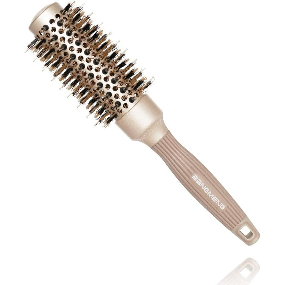 BANGMENG round barrel hair brush front view showing gold ceramic barrel and black handle for blow drying styling