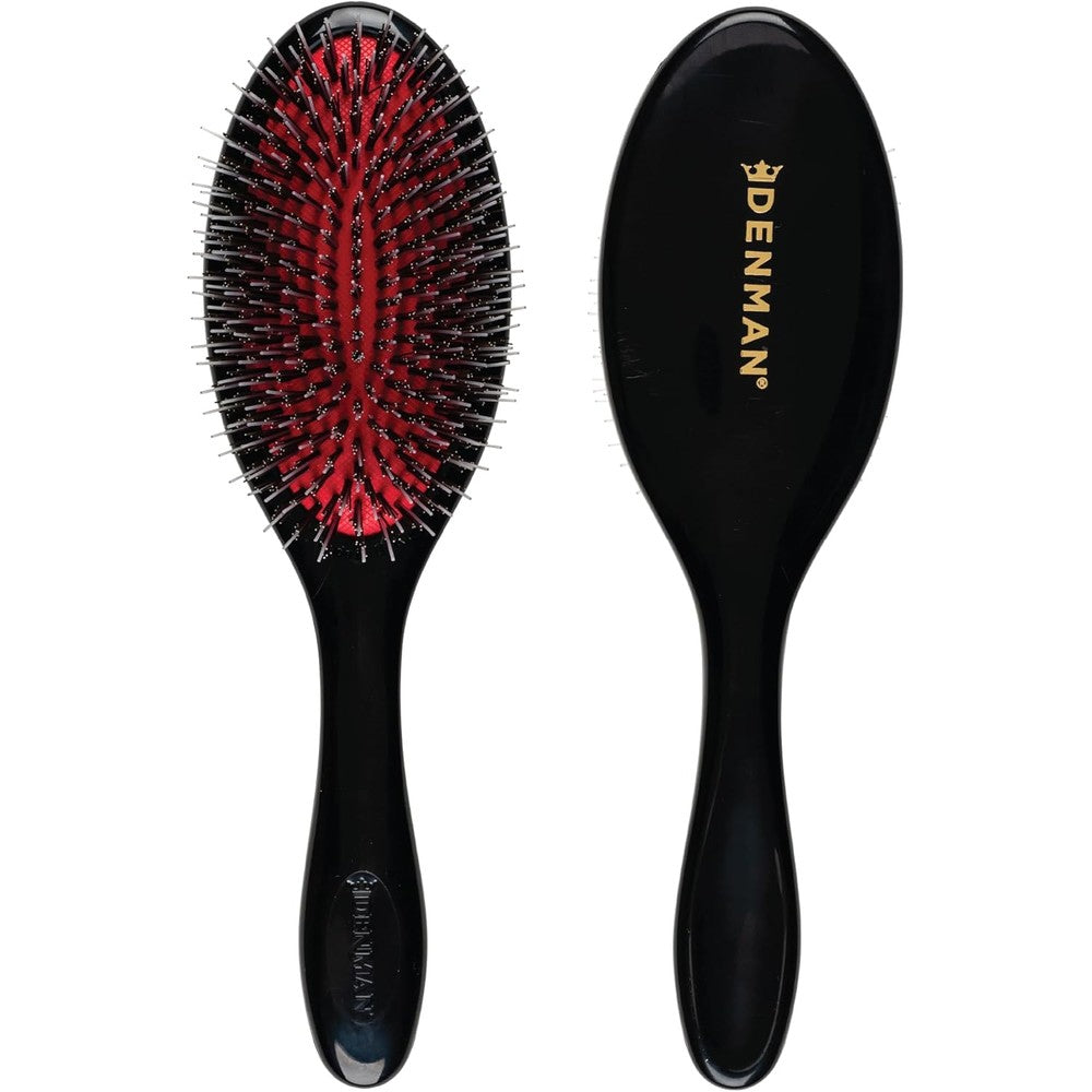 Denman D81M Style and Shine boar bristle hair brush front view showing red cushion pad.