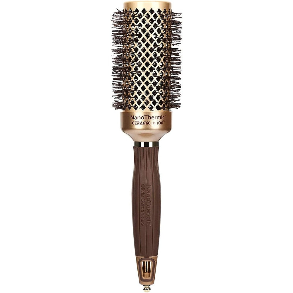 Olivia Garden NanoThermic Ceramic and Ion Round Thermal Hair Brush front view showing gold barrel