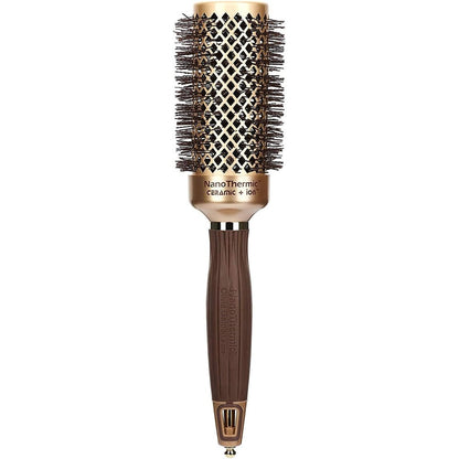 Olivia Garden NanoThermic Ceramic and Ion Round Thermal Hair Brush front view showing gold barrel