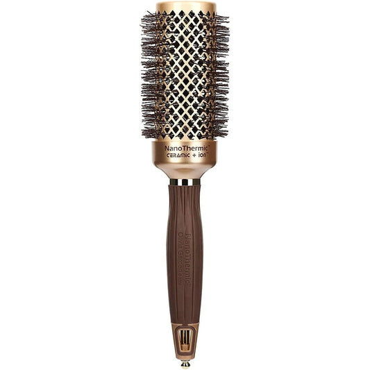 Olivia Garden NanoThermic Ceramic and Ion Round Thermal Hair Brush front view showing gold barrel