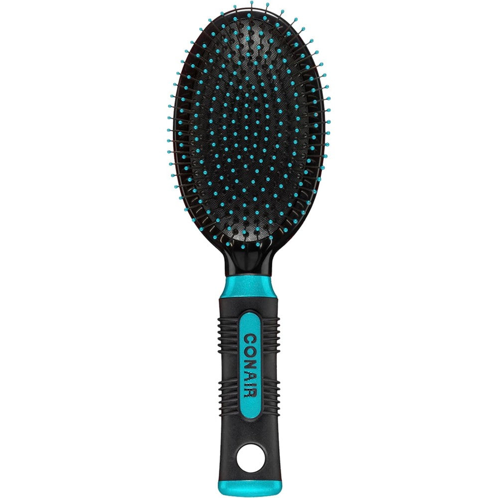 Conair Salon Results hair brush front view showing black and blue body with wire bristles