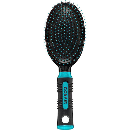 Conair Salon Results hair brush front view showing black and blue body with wire bristles