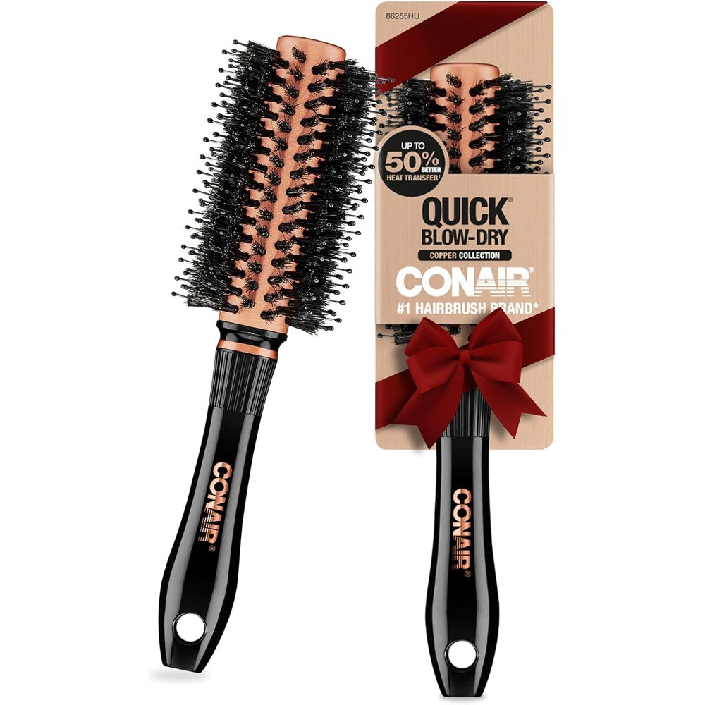 Conair Copper Collection Quick Dry Porcupine Round Hair Brush front view showing copper barrel and black handle.