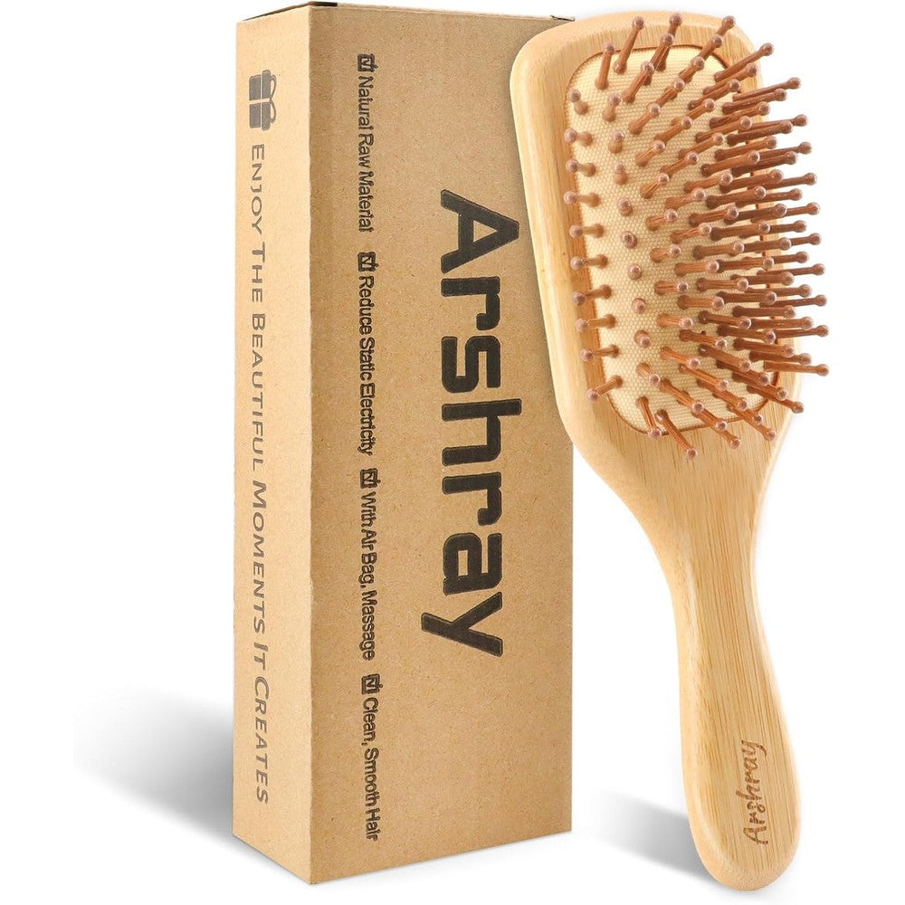 Arshray wooden bamboo hair brush front view showing paddle design