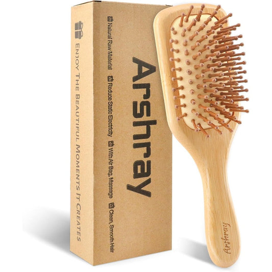 Arshray wooden bamboo hair brush front view showing paddle design