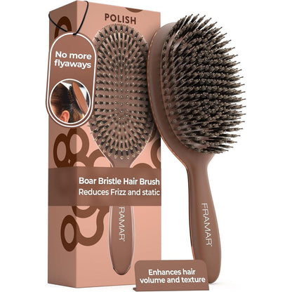 Framar soft boar bristle hair brush chocolate front view