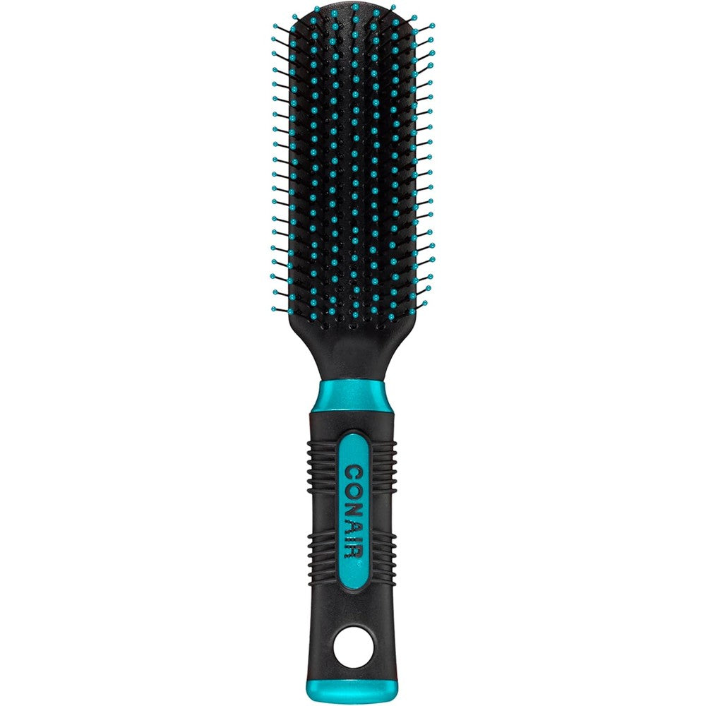 Conair Salon Results Detangling Hairbrush front view showcasing blue ball-tipped nylon bristles and black cushion base.
