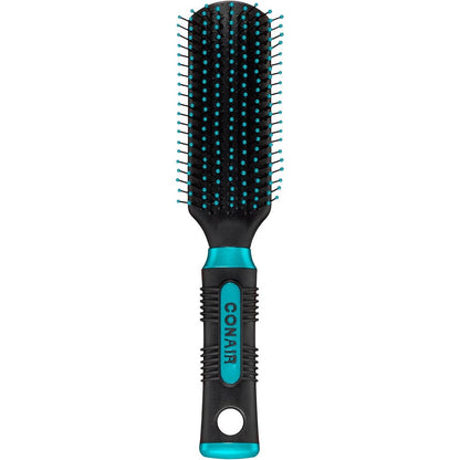 Conair Salon Results Detangling Hairbrush front view showcasing blue ball-tipped nylon bristles and black cushion base.