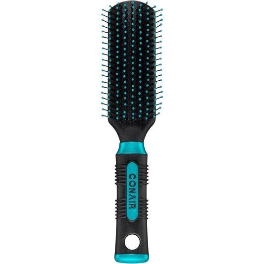 Conair Salon Results Detangling Hairbrush front view showcasing blue ball-tipped nylon bristles and black cushion base.