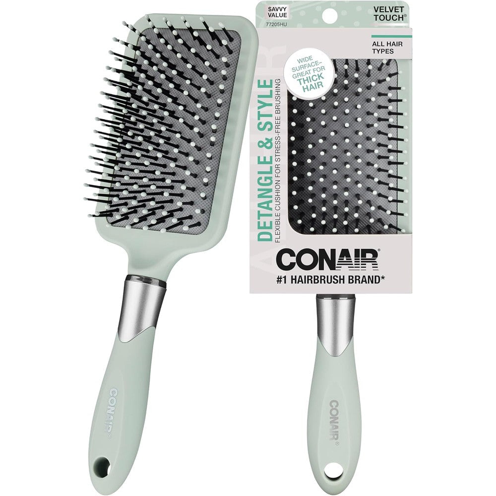 Conair Velvet Touch Paddle Cushion hair brush front view showing the wide head and soft-touch handle.