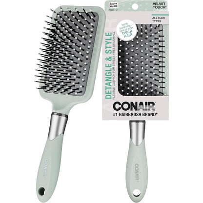 Conair Velvet Touch Paddle Cushion hair brush front view showing the wide head and soft-touch handle.
