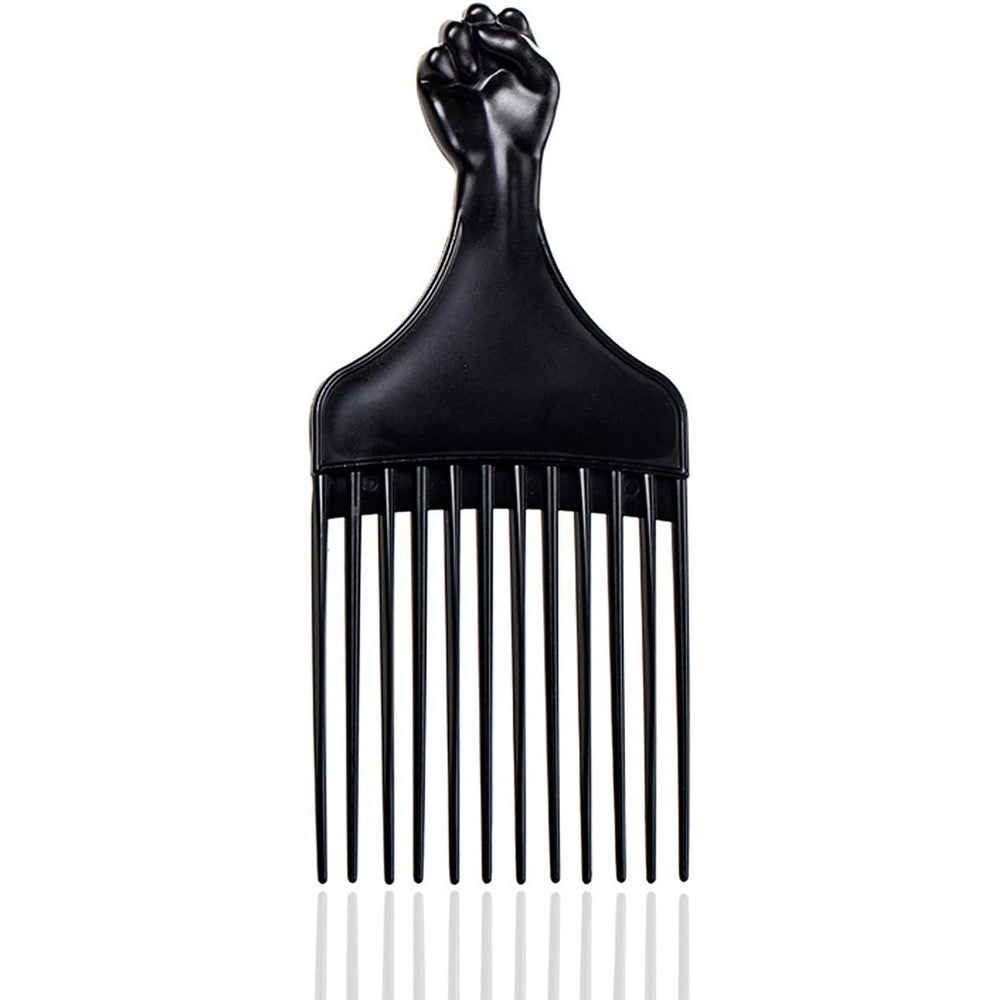 Soft 'N Style black afro hair pick comb front view showcasing the 12 wide teeth and fist handle