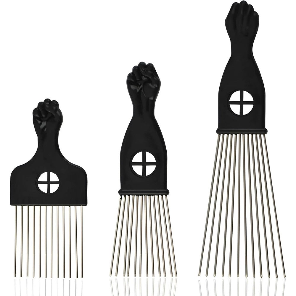 Kootinn 3-Piece Stainless Steel Afro Hair Pick Set front view showcasing the iconic fist design.