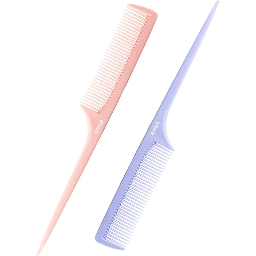 Rhos rat tail comb front view of pink and purple styling tools