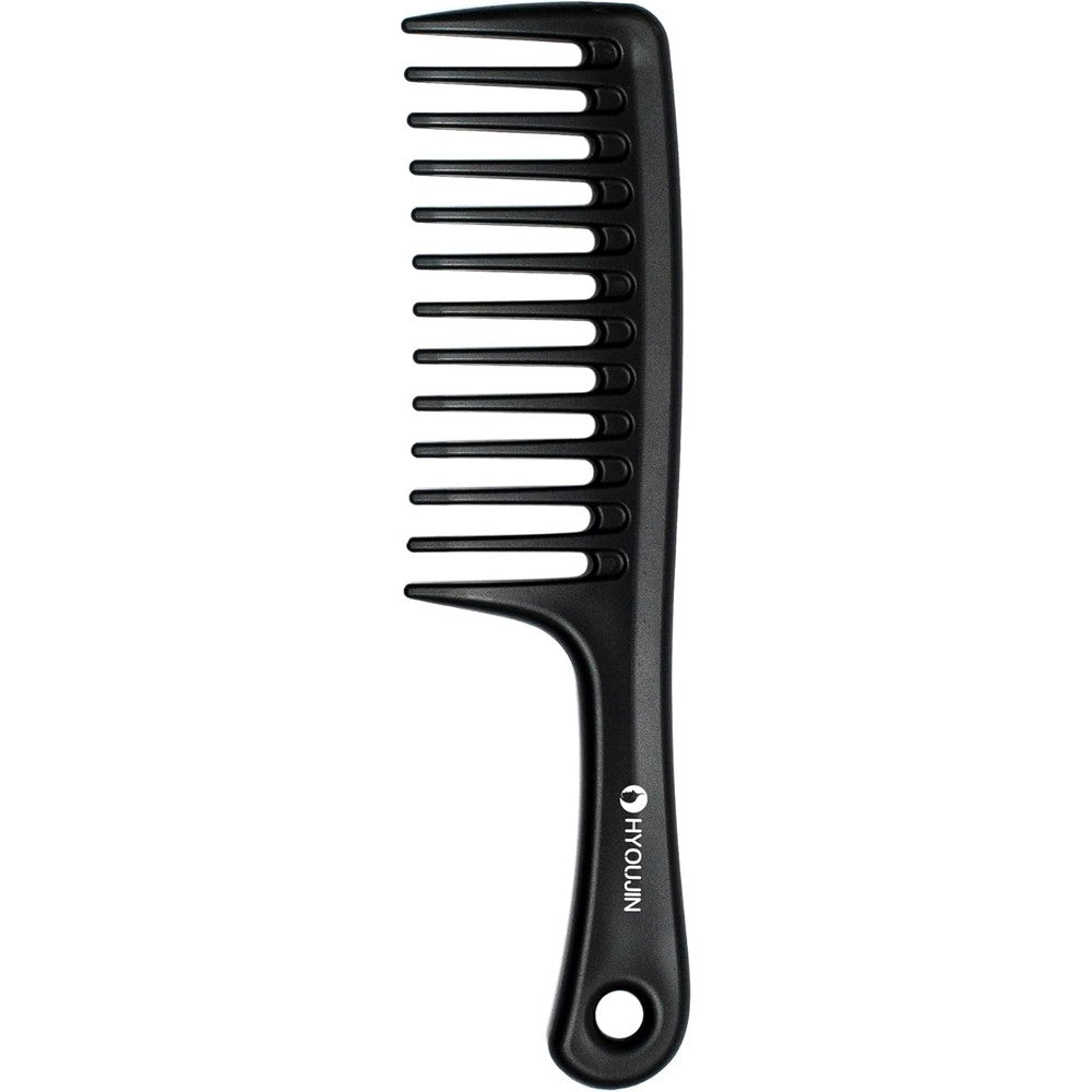 HYOUJIN large wide tooth detangler paddle brush front view black styling comb for curly hair.