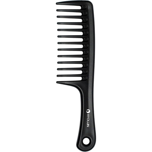 HYOUJIN large wide tooth detangler paddle brush front view black styling comb for curly hair.