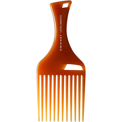 Cricket Ultra Smooth Hair Pick Comb front view showing the amber resin body and wide-tooth design.