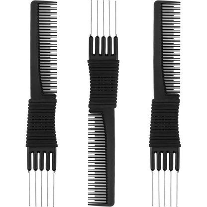 Leinuosen carbon lift teasing combs front view showing three black styling picks with metal prongs