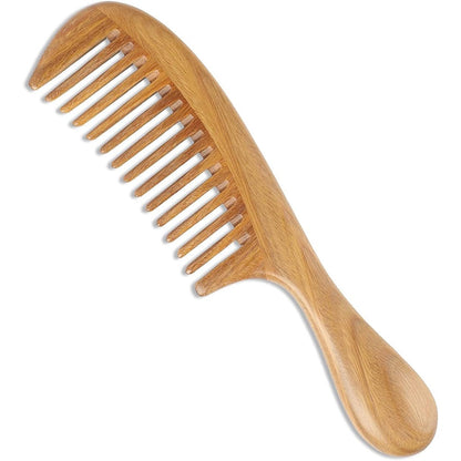Onedor handmade natural green sandalwood wide tooth hair comb front view showcasing authentic wood grain.