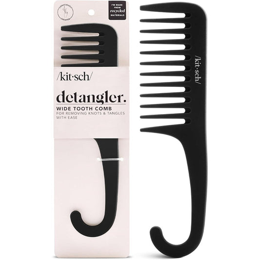 Kitsch Wide Tooth Detangler Comb in black with curved handle front view