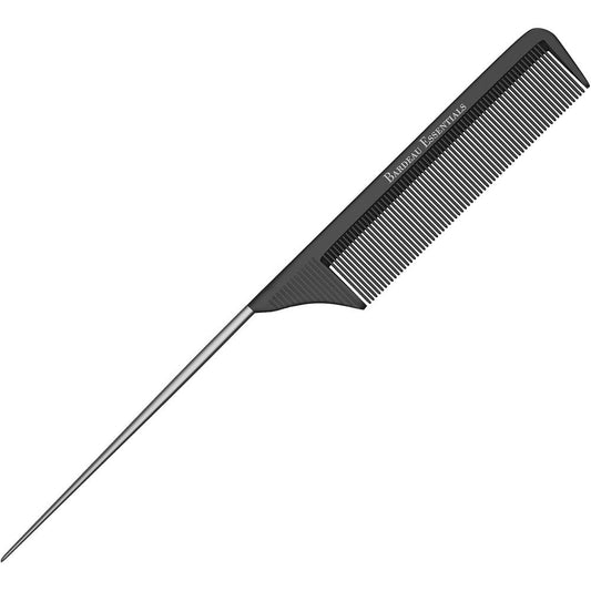 Bardeau Essentials professional carbon fiber tail comb front view showing black teeth and stainless steel pintail