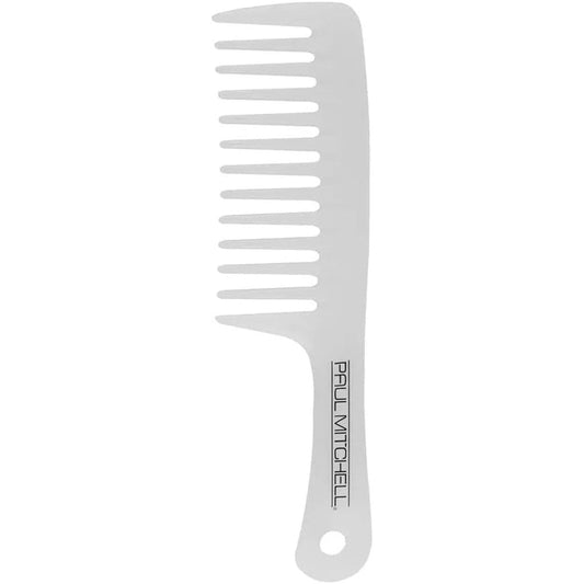 Paul Mitchell Pro Tools Detangler Comb front view showing white wide teeth for knot removal.