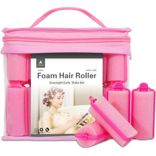 Amzpus soft foam hair rollers front view packaged in clear zippered storage case