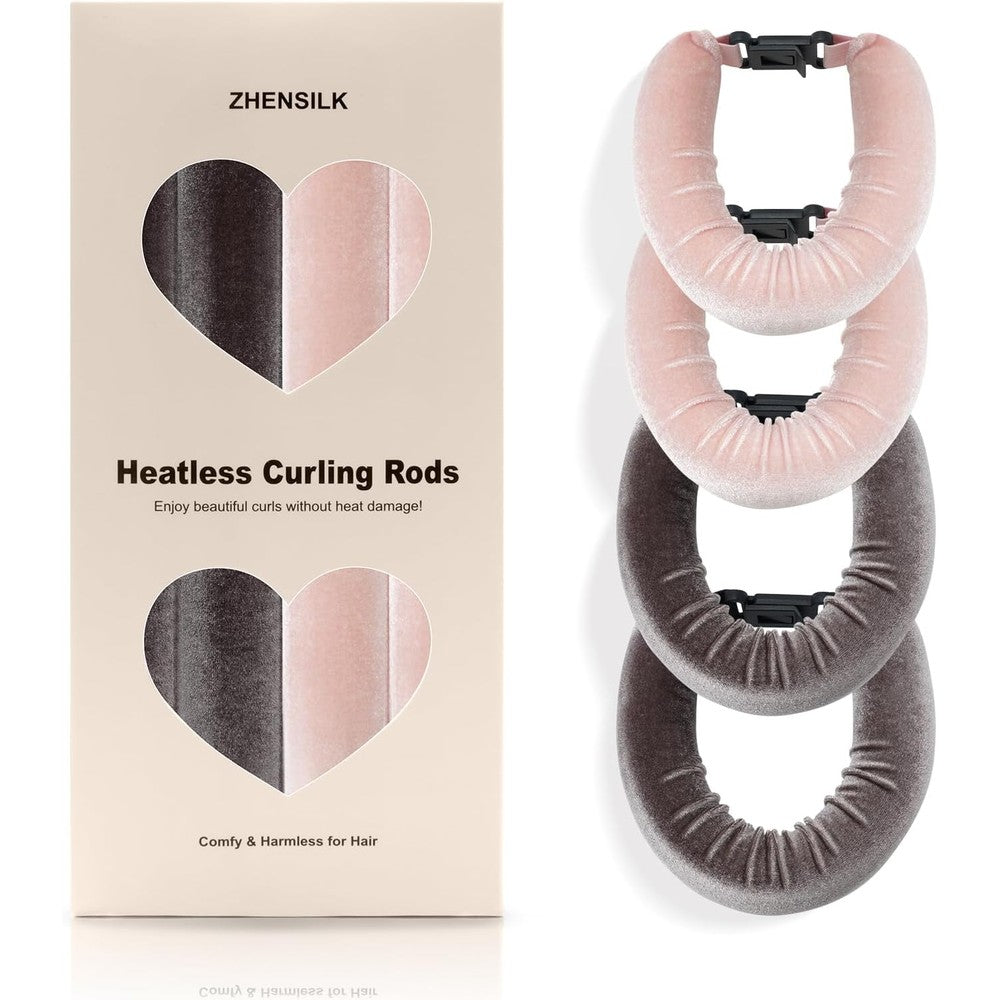 ZHENSILK heatless hair curler set front view showcasing four velvet overnight blowout rods.