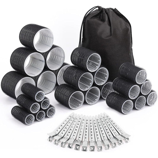 Selizo Hair Curlers thirty-six piece styling set front view showing black self grip rollers and metal clips