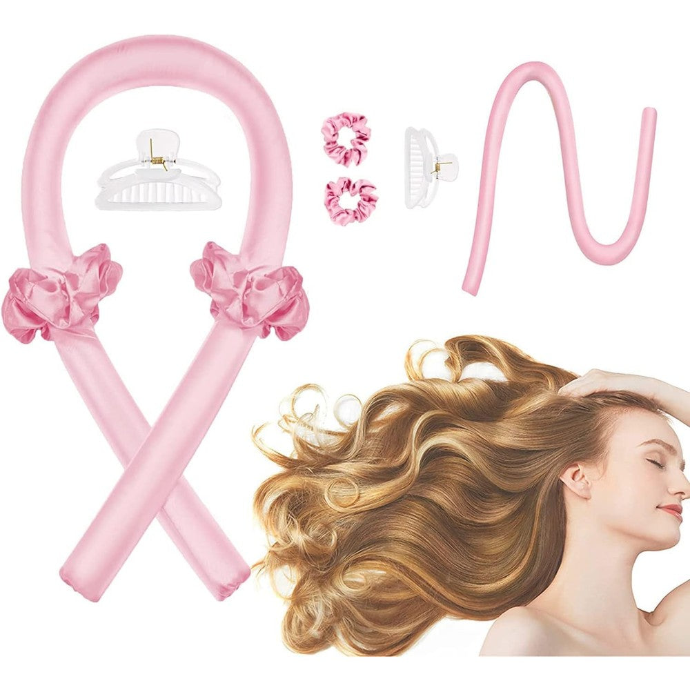 CORATED heatless curling rod headband front view of the complete styling kit with pink ribbon.