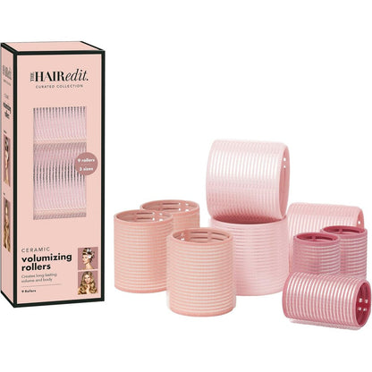 The Hair Edit Ceramic Core Hair Rollers front view of nine pink styling rollers in packaging
