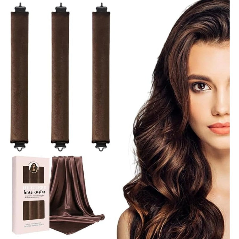 NEW NOAM heatless curls overnight set front view showcasing three brown satin flexible rods and one matching headscarf