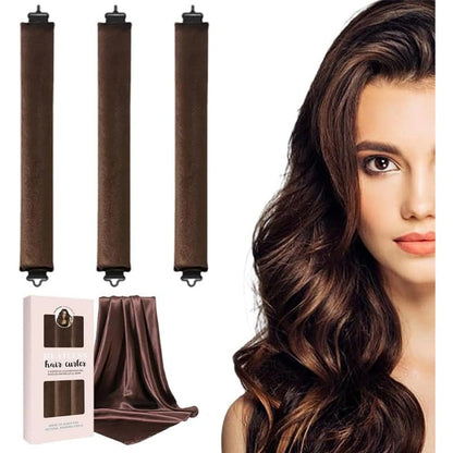 NEW NOAM heatless curls overnight set front view showcasing three brown satin flexible rods and one matching headscarf
