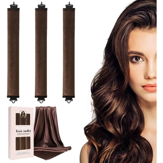 NEW NOAM heatless curls overnight set front view showcasing three brown satin flexible rods and one matching headscarf
