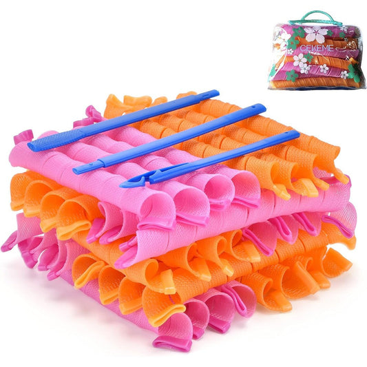 CEKEME heatless spiral hair curlers forty pieces front view showcasing pink and yellow rollers