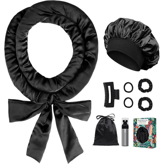 Gwabee satin heatless overnight hair curlers 9 piece black set front view showcasing the 70 inch curling rod and accessories.