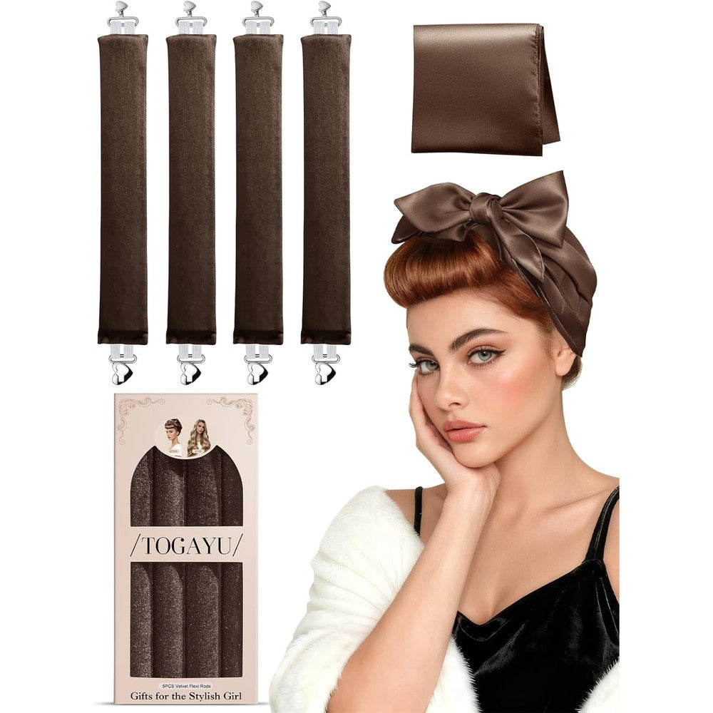 Luckybear heatless curls overnight set front view showcasing four chocolate brown jumbo velvet hair rollers