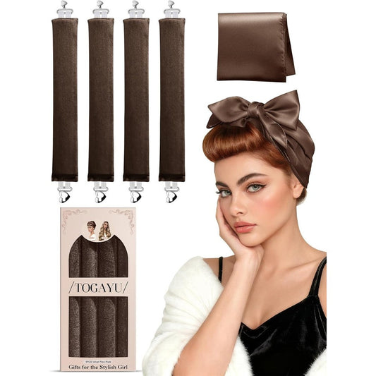 Luckybear heatless curls overnight set front view showcasing four chocolate brown jumbo velvet hair rollers