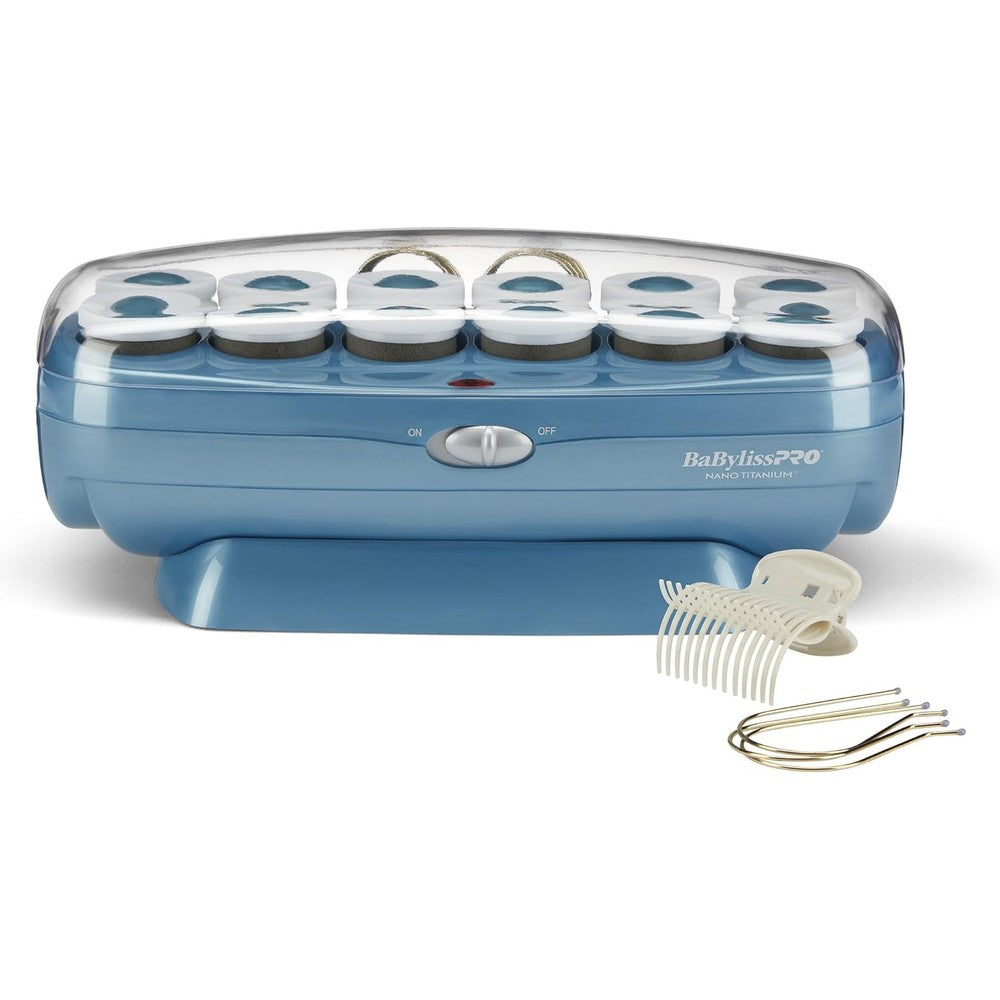 BaBylissPRO Nano Titanium Professional Jumbo Roller Hairsetter front view showing blue heating base and clear cover