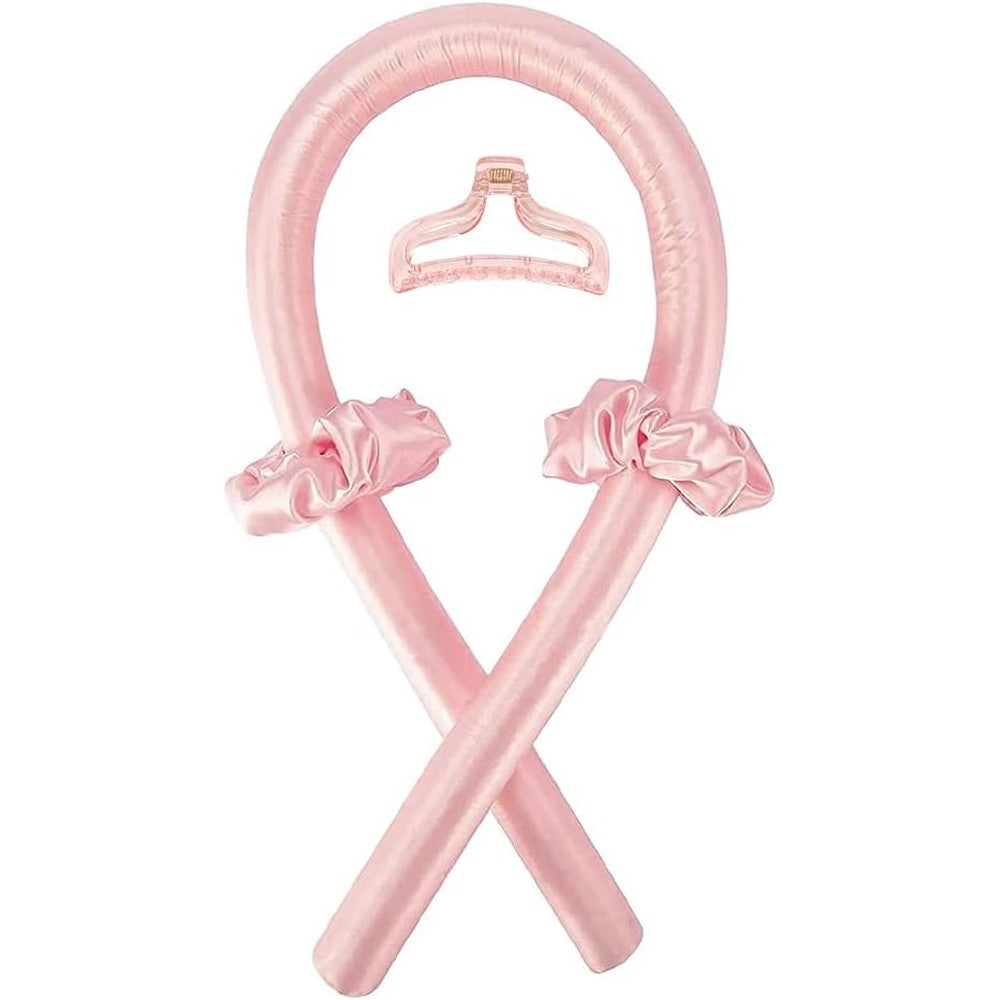 Batoude heatless curling rod headband pink front view showing full satin ribbon kit