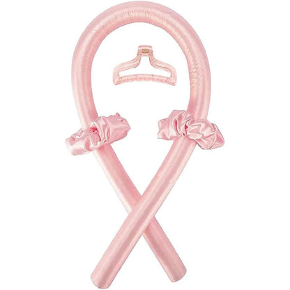 Batoude heatless curling rod headband pink front view showing full satin ribbon kit