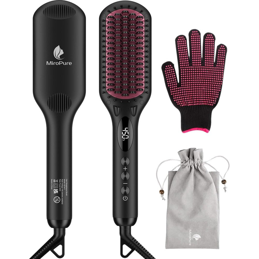 MiroPure Enhanced Ceramic Hair Straightener Brush front view showcasing the sleek black nano comb design.
