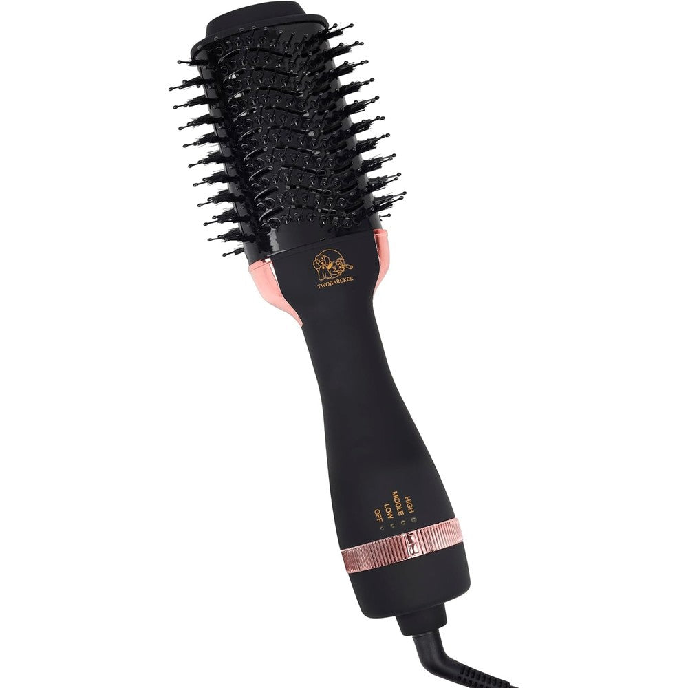 TWOBARCKER 4 in 1 ionic hair dryer brush front view showing the titanium oval barrel