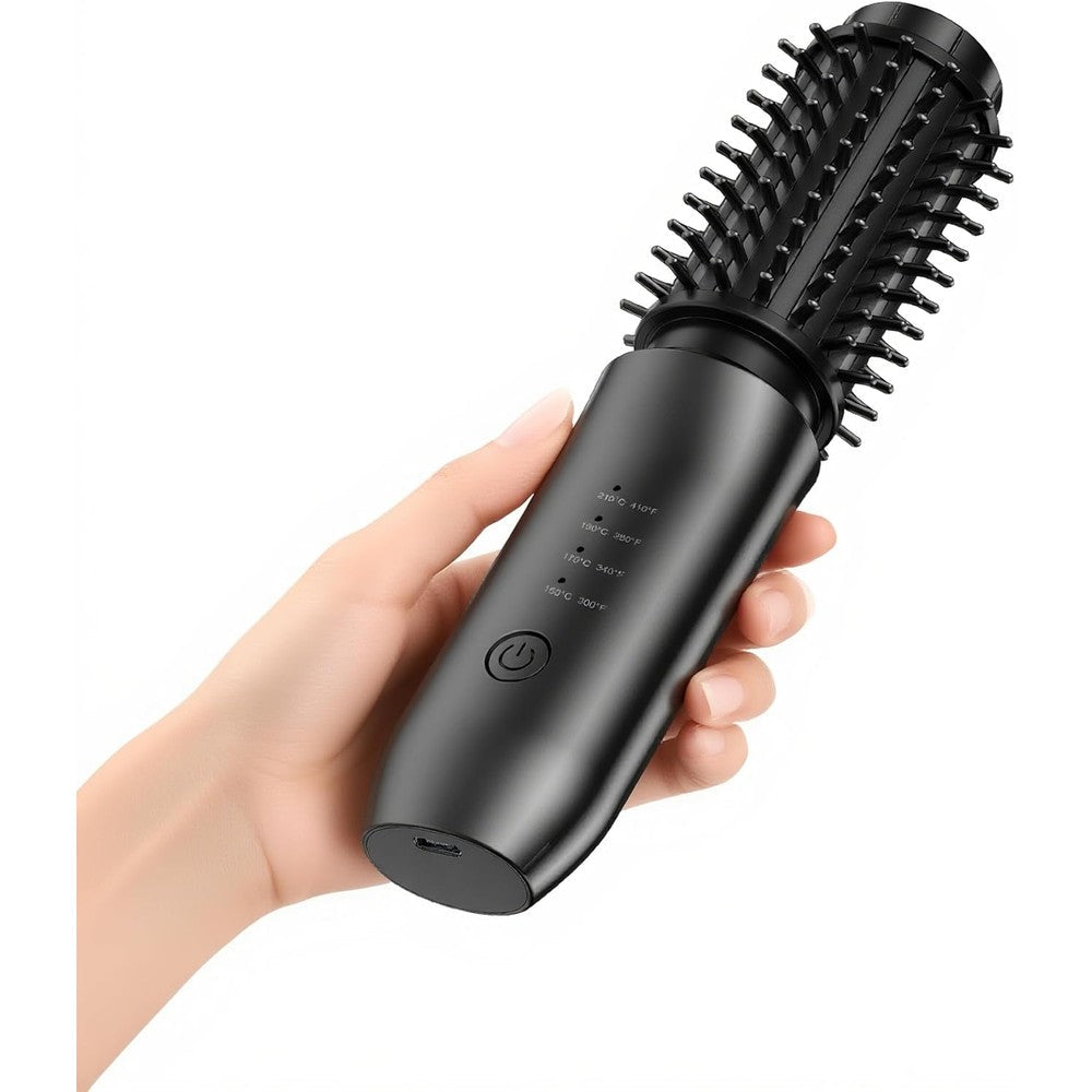 CARESKY Cordless Curling Iron Brush front view showing the 1.5 inch ceramic barrel and anti-scald teeth for portable hair styling.
